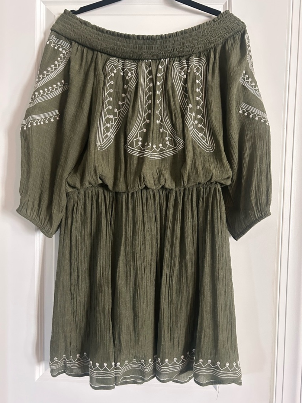 Entro Boutique Olive Green Off-Shoulder Embroidered Dress